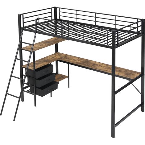 Cama alta metálica 90 x 200 cm negra con escritorio de 2 m, 3 cajones y escalera inclinada (1/5)