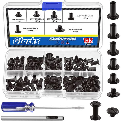 Lot de 150 vis Chicago noires assorties, M5 x 5 mm, 6 mm, 8 mm, 10 mm, 12 mm et vis à tête plate 4 x 4 mm, rivets à clous Chicago (1/5)