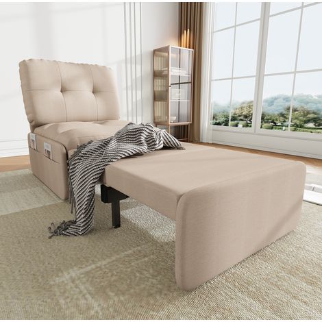 Canapé-lit 2-en-1 195x81.5x90 cm beige en tissu effet lin avec structure en bois massif et rangement latéral (1/5)