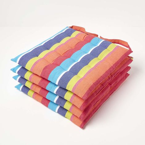 HOMESCAPES Multi Stripe Seat Pad with Button Straps 100% Cotton 40 x 40 cm Set of 4