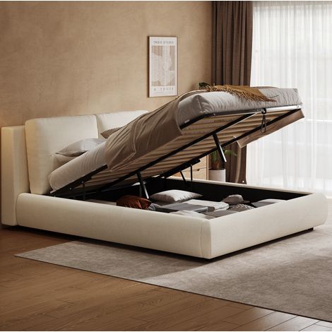 Letto matrimoniale 160x200 cm beige in bouclé con contenitore idraulico e rete a doghe (1/5)