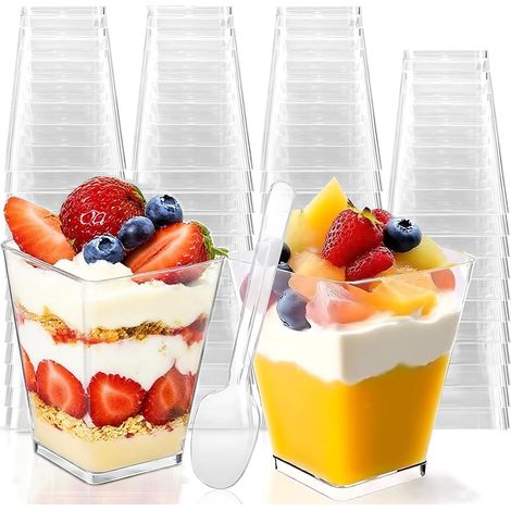 Lot de 50 tasses à dessert carrées transparentes de 160 ml avec 50 cuillères, faciles à nettoyer, réutilisables, pour gâteaux moussants, glaces, desserts à la maison, pudding (1/5)