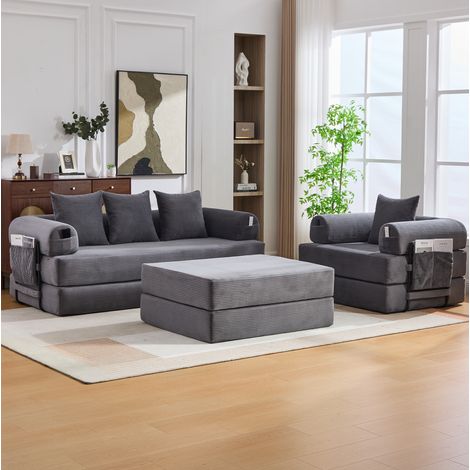 Canapé modulable en corduroy gris foncé avec ottoman, cadre métal, 200 x 190 x 67 cm (1/5)