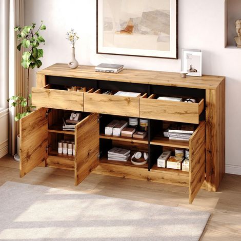 Buffet bas, 135x35x70 cm, Meuble de rangement pour salon et entrée, Panneau de particules effet vagues avec 3 tiroirs et 3 portes, Naturel