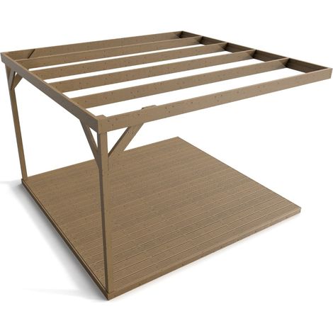 Wall-mounted box pergola and decking, complete DIY kit (4.8m x 4.8m, Rustic brown finish) (1/5)
