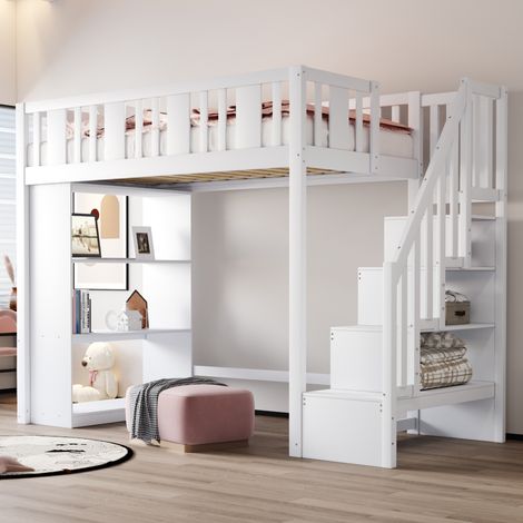 Cama alta de madera blanca 90x200 cm con escalera de almacenamiento, 3 compartimentos y somier de láminas incluido (1/5)