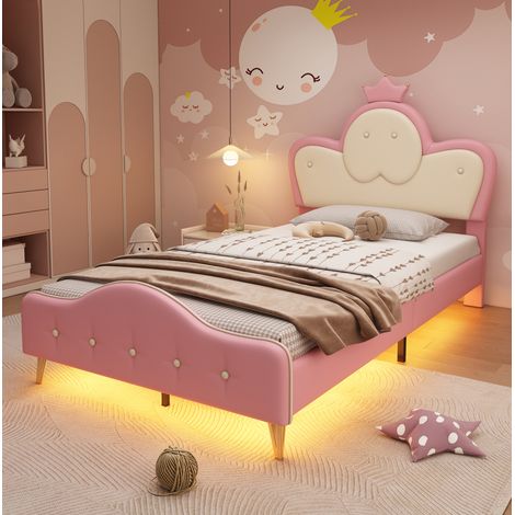 DESVIAE Lit enfant rembourré avec LED et tête de lit couronne forme ondulée rose blanc 90 x 200 cm (1/5)