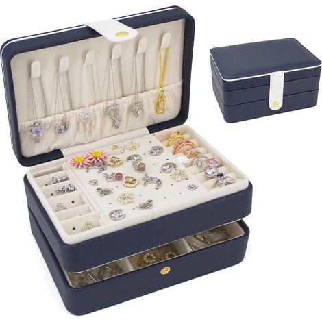 Petit coffret à bijoux, organisateur de voyage, coffret à bijoux portable idéal comme cadeau pour femmes et filles, étui à bijoux double couche en cuir PU pour bagues, boucles d'oreilles et colliers -