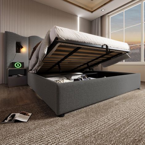 Polsterbett Doppelbett mit Leselampe und USB Type-C Ladefunktion, Stauraumbett Bettgestell mit Lattenrost aus Massivholz und Metall, Cordstoff (Ohne Matratze)