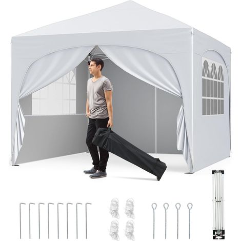 Gazebo da giardino 3x3 m con 4 pareti laterali rimovibili, tenda da festa portatile con borsa con ruote, 8 Picchetti, 4 corde estensibili, 4 sacchi, bianco (1/5)