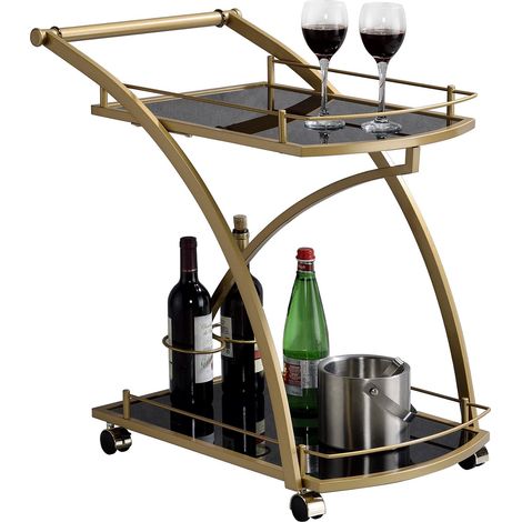 Chariot de service EVO, en métal doré et plateaux en verre trempé noir (1/2)