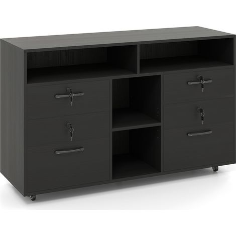 Caisson classeur mobile noir en métal avec 2 tiroirs verrouillables, étagère réglable et roulettes, pour bureau et maison (1/5)