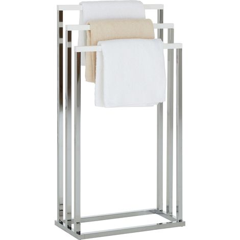 Idimex – Porte-serviettes en métal chromé et bois lasuré blanc – 3 tringles à différentes hauteurs – Design moderne et stable pour salle de bain
