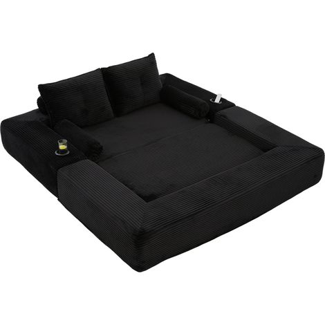 Divano letto 2 posti in corduroy nero con schiuma ad alta densità e tasche laterali (1/5)