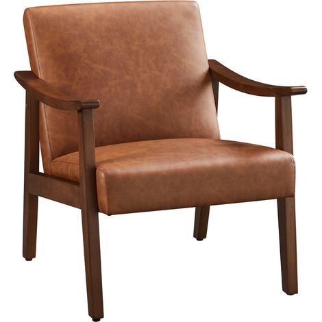Yaheetech Fauteuil de Salon en Similicuir avec Accoudoirs Courbes Chaise Ergonomique Cadre en Bois d’hévéa pour Salon Chambre Salle de Séjour Bureau 62×70×74 cm Marron (1/5)