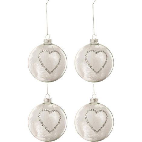 Lot de 4 Boules de Noël "Cœur Strass" 10cm Blanc