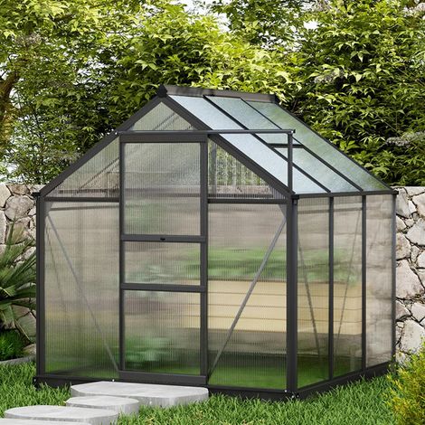 Outsunny Polycarbonat-Gewächshaus 3,65 m² (190 x 192 x 201 cm) mit UV-beständigem, verstärktem Fundament und Dachrinne – Grau