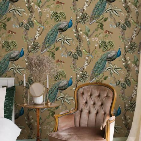 Gold Peacock Woods Wallpaper Metallic Effect Floral Mulit Birds Feature Wall (1/3)