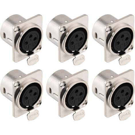 Lot de 6 connecteurs XLR femelles à montage sur panneau à 3 broches pour haut-parleur de microphone - Contacts en cuivre nickelé, boîtier métallique (1/5)
