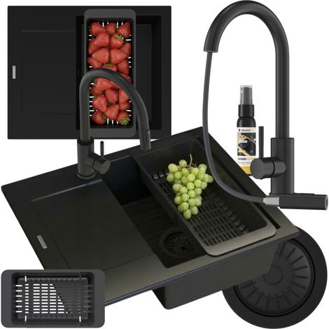 Évier cuisine en granit 1 bac avec égouttoir gauche 57 x 47 cm noir, kit avec mitigeur Loseto à douchette extractible, siphon gain de place, égouttoir télescopique et GraniProtect 30 ml, Bello (1/5)