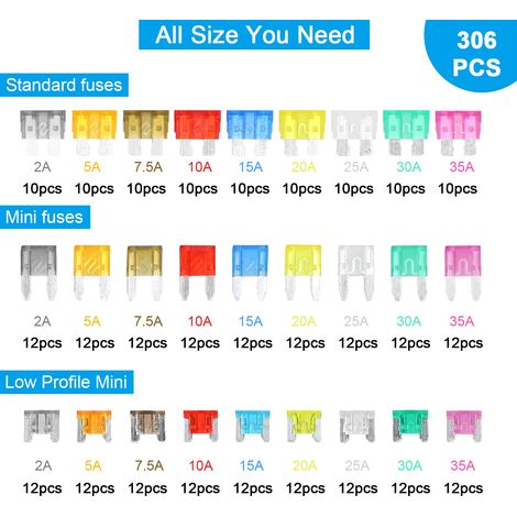 Kit d'assortiment de 306 fusibles, fusible à lame enfichable avec 2 testeurs de circuit, boîte de rangement pour voiture camion SUV RV bateau marin 2A 5A 7,5A 10A 15A 20A 25A 30A 35A (1/5)
