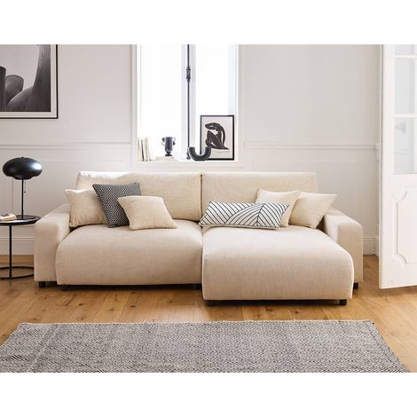 Pivoine - 4-sitzer ecksofa beidseitig montierbar - schlaffunktion und bettkasten - aus strukturiertem samt - beige