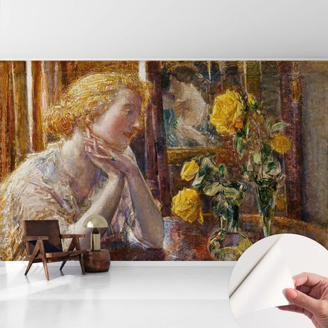 Papier peint autocollant Mural avec colle pour salon et chambre Décoration murale rapide Femme aux roses 416x254 cm (1/5)