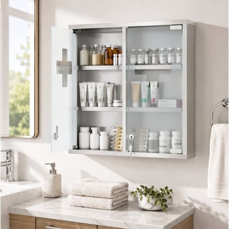 Armadietto da muro per farmaci con chiave, 6 zone contenitore, vetro satinato, acciaio inox argentato (1/5)