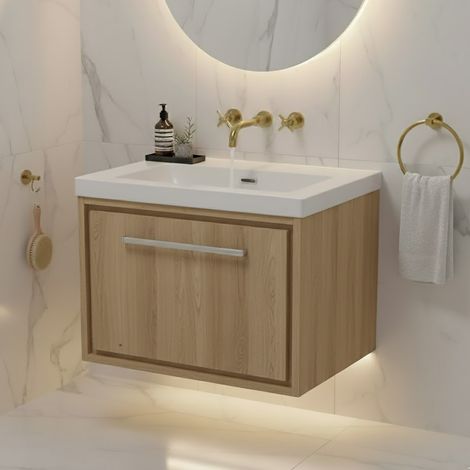 Hudson Reed Lille Wall Hung 1-Drawer Vanity Unit with 0TH Contemporary Basin 600mm Wide - Bleached Oak