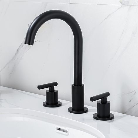 AMXCNOY Robinet lavabo 3 trous séparés bec col de cygne noir cartouche laiton (1/5)