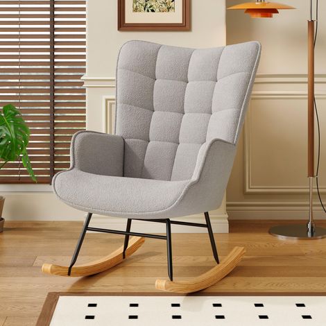 Silla mecedora - cómoda silla mecedora de felpa - respaldo alto - reposabrazos acolchados - espuma de alta densidad - patas de haya natural - Gris
