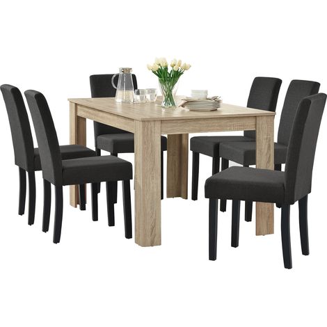 Essgruppe Kramfors (Set, 7-tlg) 140 x 90 cm gekälkte Eiche / Dunkelgrau [en.casa]