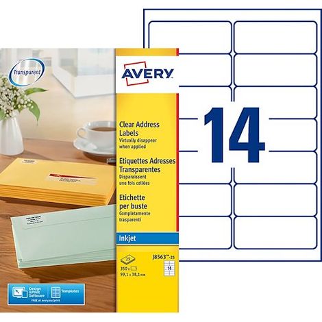 Etiquettes adresses jet d'encre 99,1 x 38,1 mm Avery J8563-25 transparentes - Pochette de 350 (1/5)