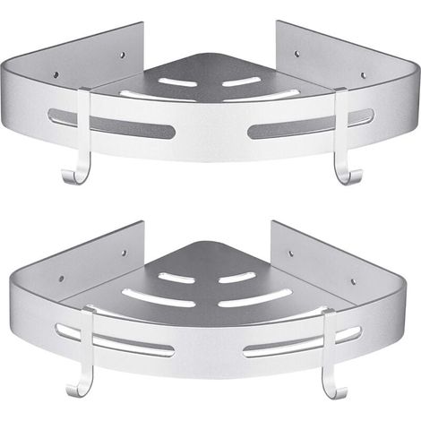 Etagère Douche d'angle sans Perçage Accessoire Salle de Aluminium Lot de 2 Argent avec Crochets (1/4)