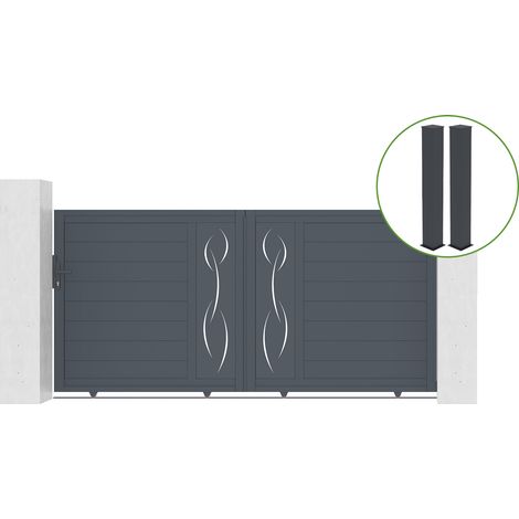 Portail coulissant 3m LIFE H.140cm alu gris + 2 poteaux 20x20cm H.166cm (1/5)