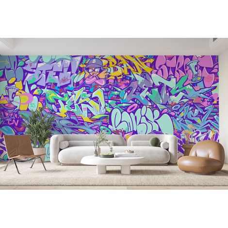 Papier peint graffiti - lettrages graphiques violets - 150 x 250 cm (1/2)