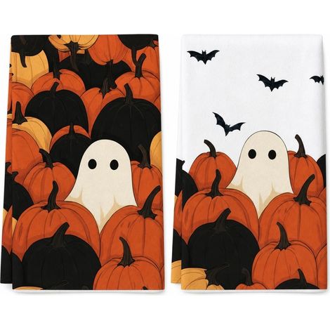 Lot de 2 torchons de cuisine Halloween - Fantômes, citrouilles (1/5)