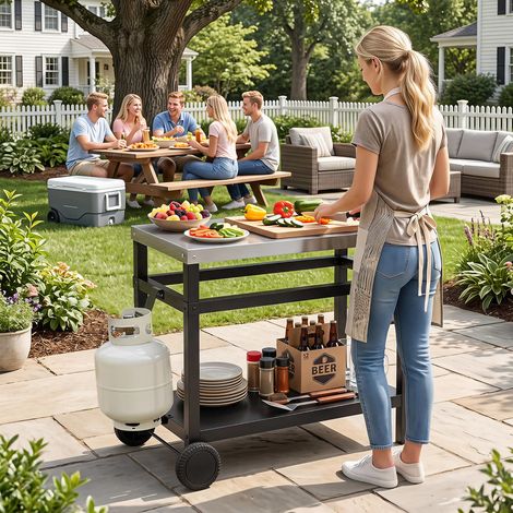 Plan de travail robuste pour barbecue avec plateau inox et support bouteille propane 9 kg (1/5)