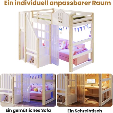 Lit mezzanine 90x200 cm, blanc et bois naturel, avec éclairage LED, fenêtre décorative, échelle de rangement, casier ouvert, voilage, sans matelas. (1/5)
