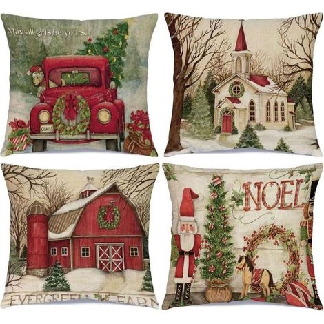 Taies d'oreiller Noël 45 x 45 cm lot de 4, Décorations de Noël - Housses de coussin Noël en lin, Taies d'oreiller personnalisées décoration Noël (1/5)