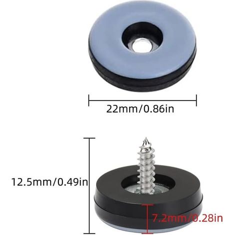 Pattini a vite - Pattini rotondi per tappeti, confezione da 32 per mobili, neri, 22 mm - Pattini per tappeti con feltrini e chiodi - Gambe per sedie (1/4)