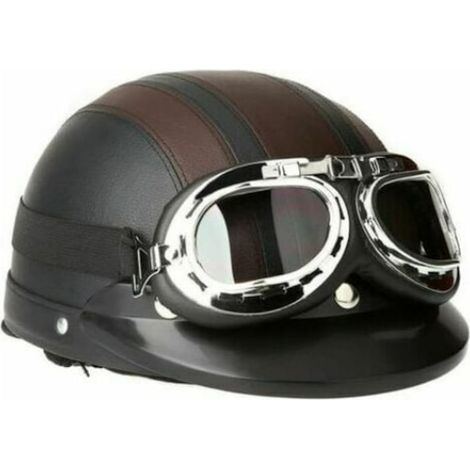 Casque de moto avec visière UV et lunettes rétro, cuir, noir/marron, 54-60 cm, 687 g (1/5)