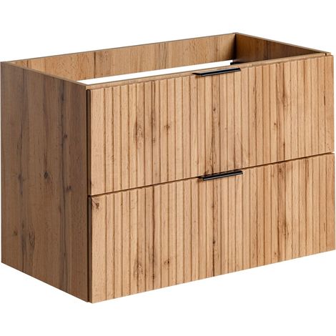 Furnidea - Meuble de salle de bain suspendu sous lavabo ADEL CHÊNE 80 cm - 2 tiroirs - Façades rainurées (1/5)
