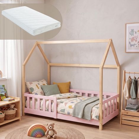 Hausbett Hesel mit Matratze und Rausfallschutz 80x160 cm Rosa/Natur [en.casa] (1/5)