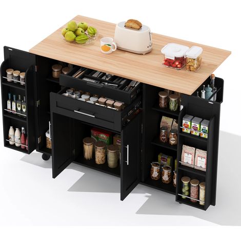 Îlot Central Cuisine Mobile,Desserte de cuisine avec Plan de travail extensible,Tiroir à couverts dissimulé et Étagères réglables,136×45(70)×92cm-Noir