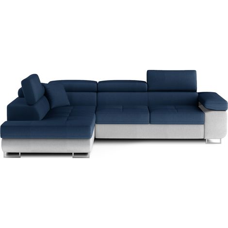Divano angolare trasformabile MENTON blu oceano e bianco bouclé – Angolo sinistro con vano contenitore (1/5)