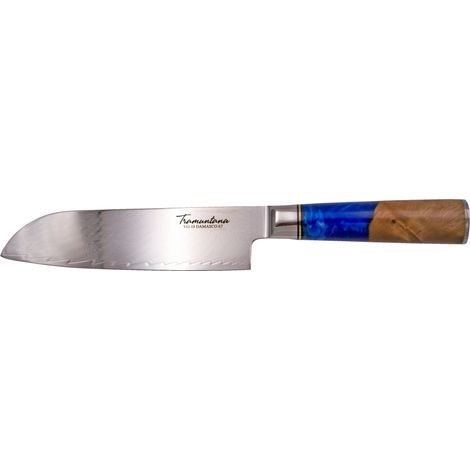 Cuchillo de cocina Tramuntana modelo CD03 Santoku hoja de acero de damasco VG10 de 67 capas de 18,8 cm, mango de madera estabilizada con epoxi, con caja de presentación. Artículo de importación.