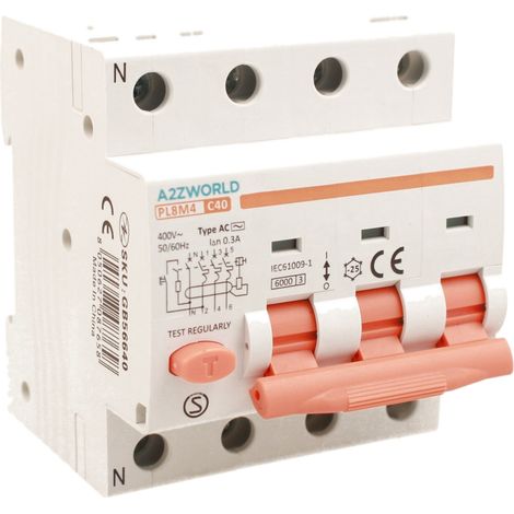RCBO Interruttore Magnetotermico Differenziale Tipo AC Curva C 3P+N 4M 6000A 300mA C40A AC 400V IP20 IEC61009-1 PL8M4 (1/5)