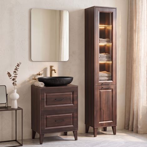 Ensemble meuble simple vasque 60cm et colonne Moka Bois foncé (1/5)