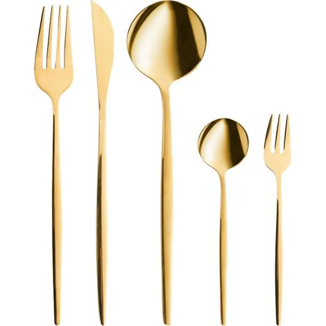 Set di posate moderne 30 pezzi per 6 persone Coltello Forchetta Cucchiaio Cucchiaio Forchetta per torte Acciaio inox Oro Rigatoni
